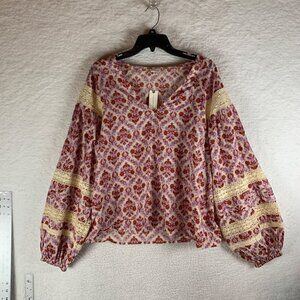 Eze Sur Mer Women's Long Sleeve V-Neck Yvonne Lace Blouse Boho Top Sz M NWT 9742